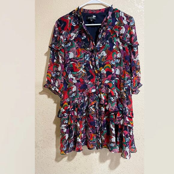 SALONI Printed Colorful Tilly Ruffle Button front Mini Dress size 6 - Picture 2 of 10